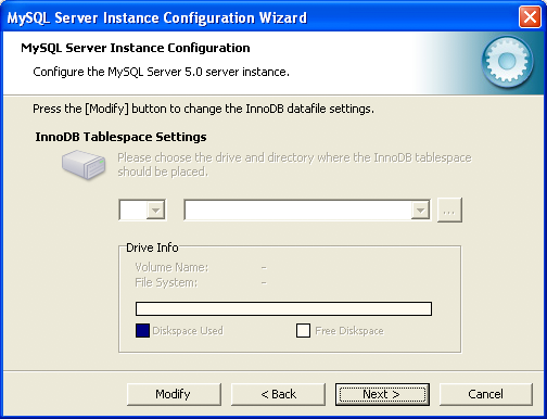 MySQL Server Instance Configuration Wizard:
          InnoDB Data Tablespace