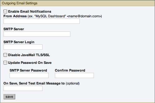 MySQL Enterprise Dashboard Settings: Outgoing
              email
