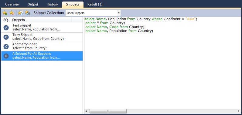 SQL Editor - Snippets Palette